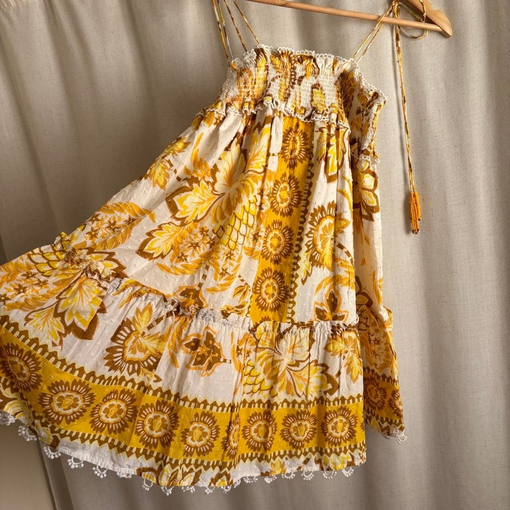 Farm rio boho yellow babydoll mini dress with tassels and lace trim NWT